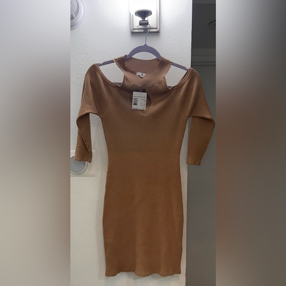 G by Guess- Chynna cold shoulder sweater dress- camel brown
